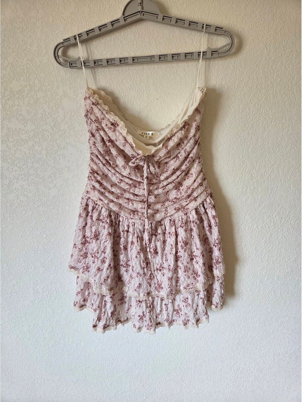 Ever B Women's Pink Floral Ruched Strapless Top with Lace Trim, Size Medium